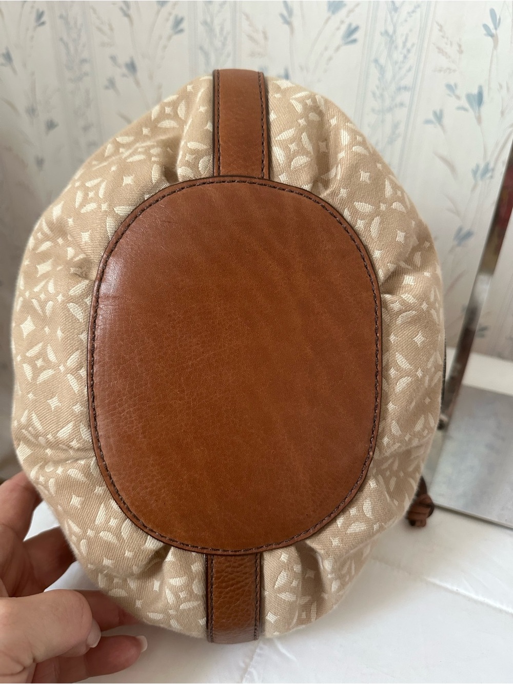 Fossil Beige Patterned Drawstring Bucket Bag with Brown Trim - Picture 10 of 16